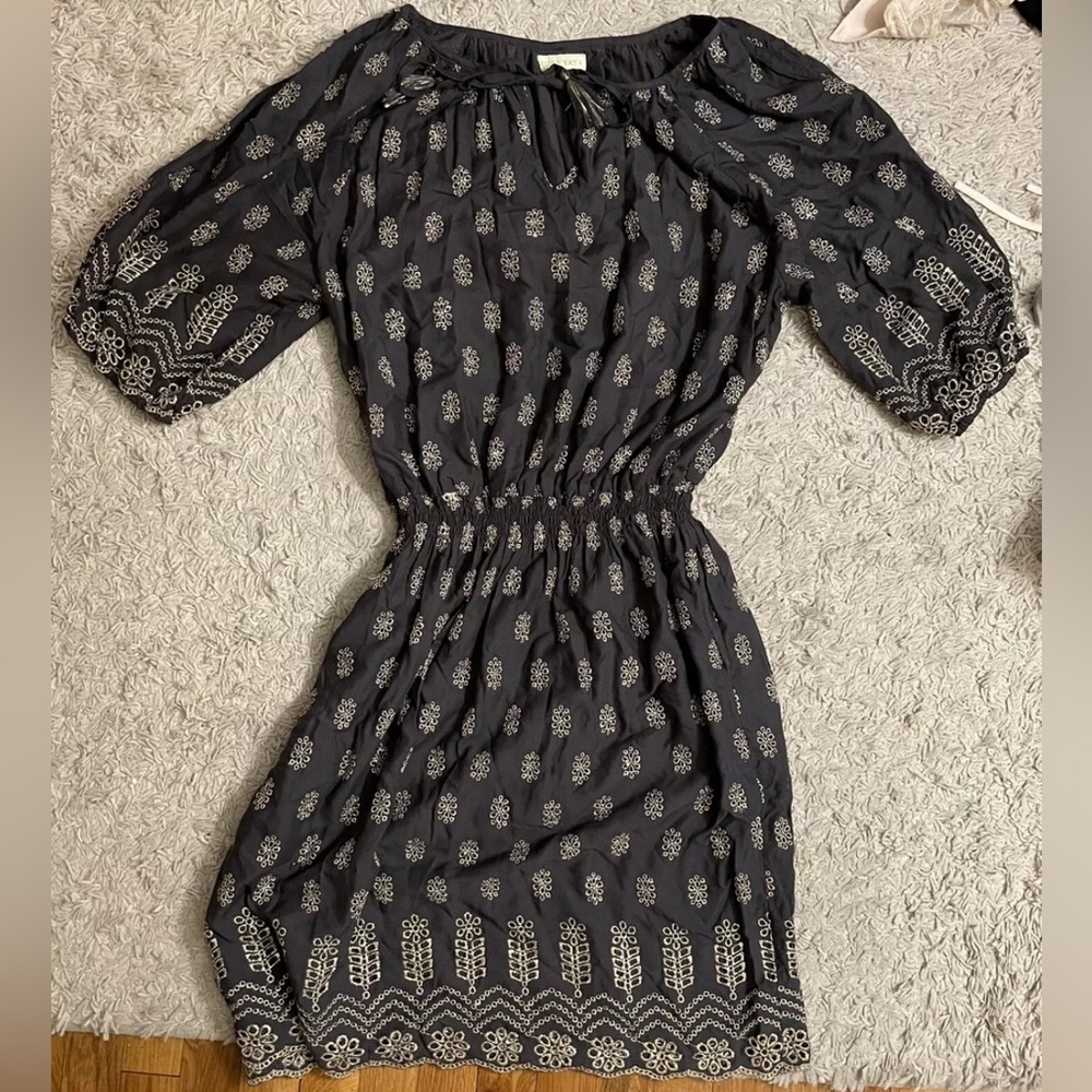 RUBY YAYA gray gold mid calf midi 3/4 sleeve dress small s